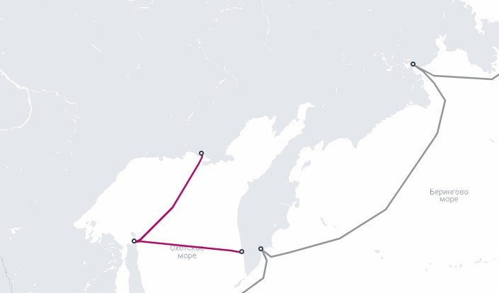Карта подводных кабелей у Камчатки, TeleGeography