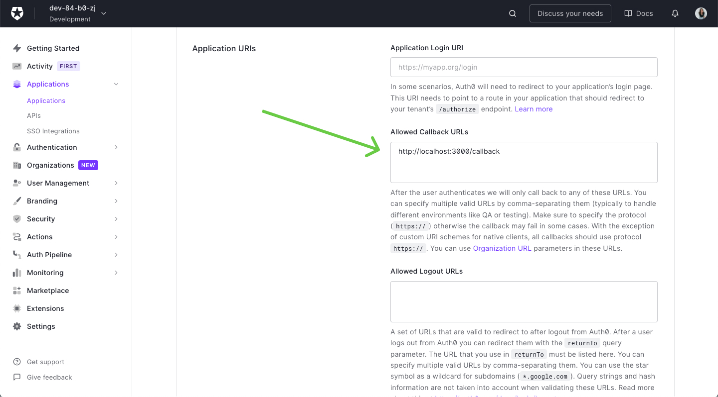 Allowed Callback URLs в Auth0