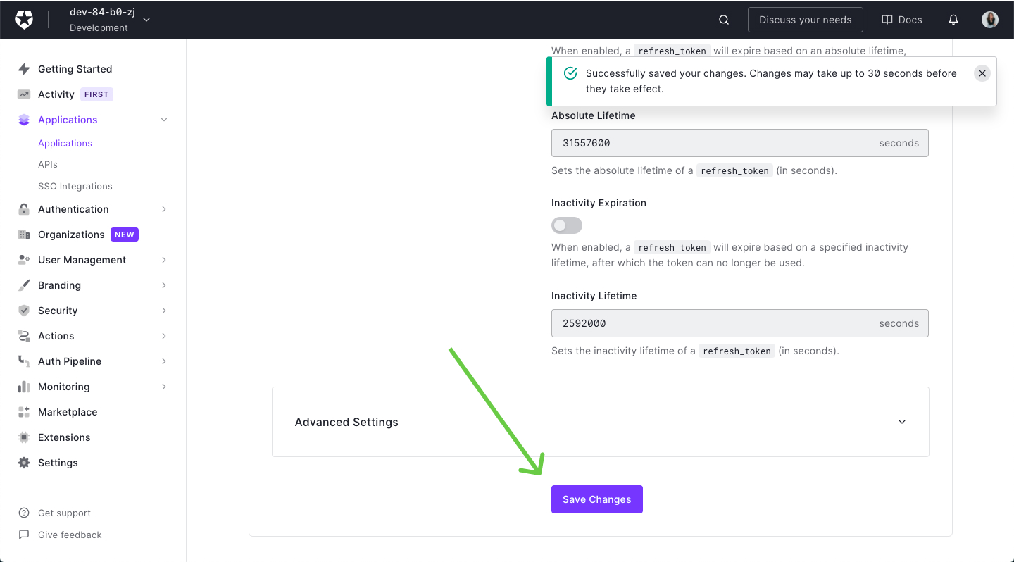 Save changes в Auth0