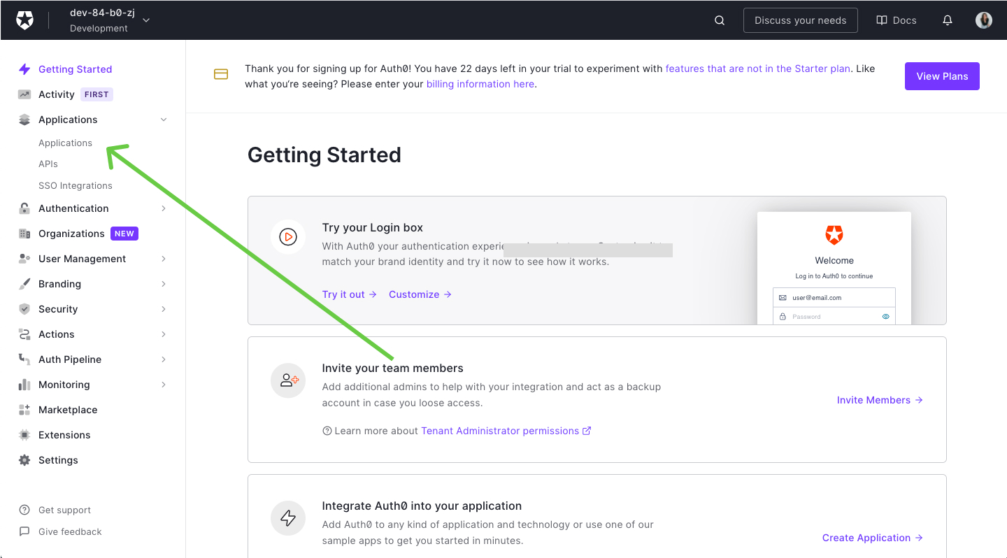 Выбор Applications в Auth0